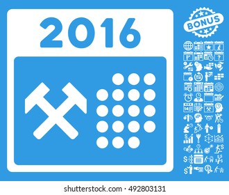2016 Working Days icon with bonus calendar and time management pictures. Vector illustration style is flat iconic symbols, white color, blue background.