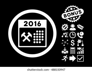 2016 Working Days pictograph with bonus clip art. Vector illustration style is flat iconic symbols, white color, black background.