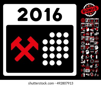 2016 Working Days pictograph with bonus calendar and time management graphic icons. Vector illustration style is flat iconic bicolor symbols, red and white colors, black background.