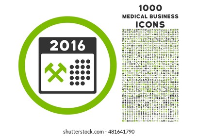 2016 Working Days rounded vector bicolor icon with 1000 medical business icons. Set style is flat pictograms, eco green and gray colors, white background.