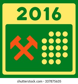 2016 Working Days vector icon. Style is bicolor flat symbol, orange and yellow colors, rounded angles, green background.