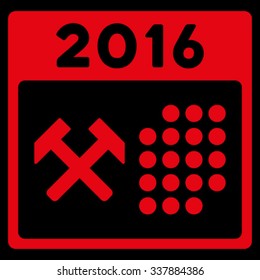 2016 Working Days vector icon. Style is flat symbol, red color, rounded angles, black background.