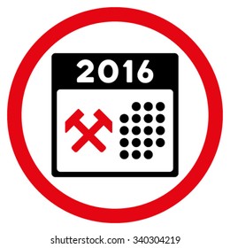 2016 Working Days vector icon. Style is bicolor flat circled symbol, intensive red and black colors, rounded angles, white background.