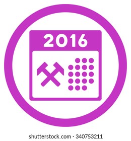 2016 Working Days vector icon. Style is flat circled symbol, violet color, rounded angles, white background.