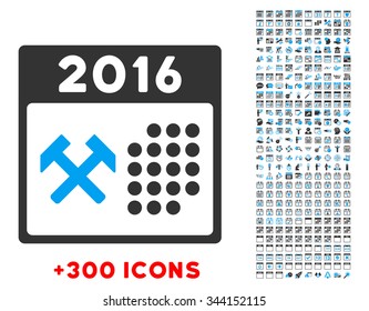 2016 Working Days vector pictogram with additional 300 date and time management icons. Style is bicolor flat symbols, blue and gray colors, rounded angles, white background.