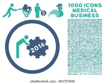 2016 Working Man icon with 1000 medical commerce cobalt and cyan vector design elements. Set style is flat bicolor symbols, white background.