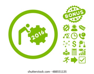 2016 Working Man icon with bonus symbols. Vector illustration style is flat iconic symbols, eco green color, white background.