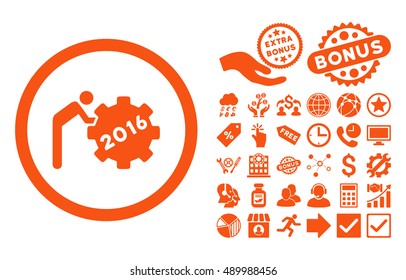 2016 Working Man icon with bonus icon set. Vector illustration style is flat iconic symbols, orange color, white background.