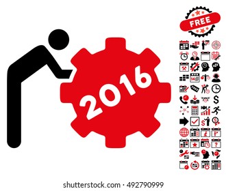 2016 Working Man icon with bonus calendar and time management pictograph collection. Vector illustration style is flat iconic bicolor symbols, intensive red and black colors, white background.
