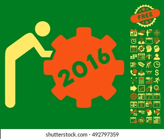 2016 Working Man icon with bonus calendar and time management icon set. Vector illustration style is flat iconic bicolor symbols, orange and yellow colors, green background.