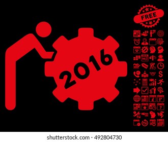 2016 Working Man icon with bonus calendar and time management icon set. Vector illustration style is flat iconic symbols, red color, black background.