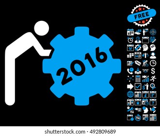 2016 Working Man icon with bonus calendar and time management design elements. Vector illustration style is flat iconic bicolor symbols, blue and white colors, black background.