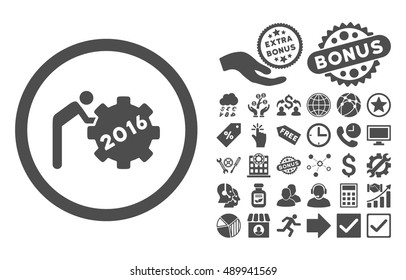 2016 Working Man pictograph with bonus elements. Vector illustration style is flat iconic symbols, gray color, white background.