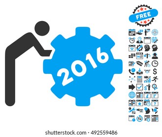 2016 Working Man pictograph with bonus calendar and time management images. Vector illustration style is flat iconic bicolor symbols, blue and gray colors, white background.