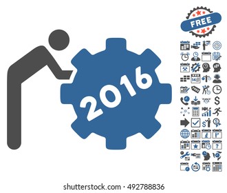 2016 Working Man pictograph with bonus calendar and time management pictogram. Vector illustration style is flat iconic bicolor symbols, cobalt and gray colors, white background.