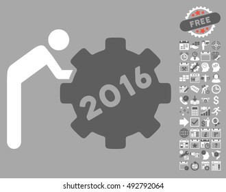 2016 Working Man pictograph with bonus calendar and time management graphic icons. Vector illustration style is flat iconic bicolor symbols, dark gray and white colors, silver background.