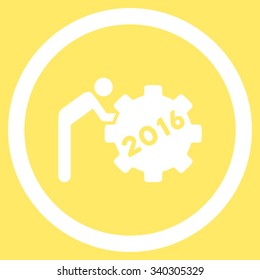 2016 Working Man vector icon. Style is flat circled symbol, white color, rounded angles, yellow background.