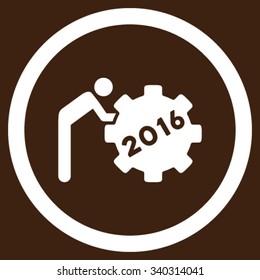 2016 Working Man vector icon. Style is flat circled symbol, white color, rounded angles, brown background.