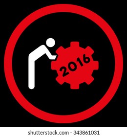 2016 Working Man vector icon. Style is bicolor flat circled symbol, red and white colors, rounded angles, black background.