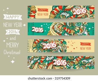 2016 xmas, Happy Nw Year and Merry Christmas banner templates set with hand drawn zentangle style ornament and typography inscription.Vector illustration.