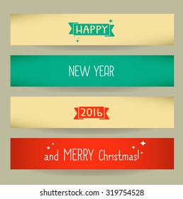 2016 xmas, Happy Nw Year and Merry Christmas clear banner templates set with decorative doodle style typography inscription.Vector illustration. New Year colors.