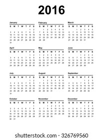 2016 year Calendar Black text on a white background  Vector eps10