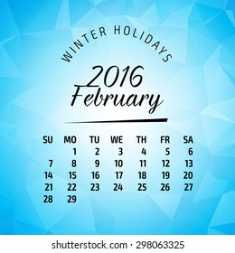 2016 year calendar for business wall calendar and business card on abstract polygonal background. February