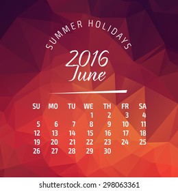 2016 year calendar for business wall calendar and business card on abstract polygonal background. June