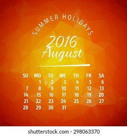 2016 year calendar for business wall calendar and business card on abstract polygonal background. August