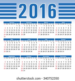 2016 year calendar english