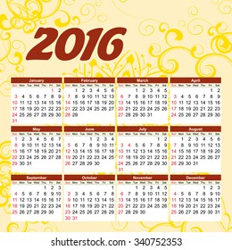 2016 year calendar english