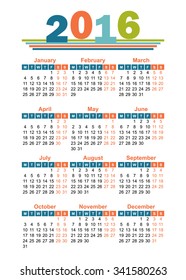 2016 year calendar english
