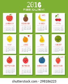 2016 year calendar with funny cartoon fruits (week starts on Sunday)