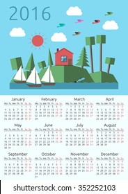 2016 year calendar with house, sun, forest landscape on islands, sailing-boats, birds and fish. Week starts on Monday. Flat style, EPS 8 vector, no transparency