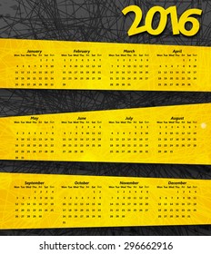 2016 year calendar on the abstract dark background with yellow lines and stripes. Vector illustration.