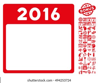 2016 Year Calendar Page icon with bonus calendar and time management images. Vector illustration style is flat iconic symbols, red color, white background.