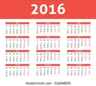 2016 year calendar in Spanish in light red color, week starts with Monday