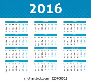 2016 year calendar in Spanish in light blue color in halftone style, week starts with Monday