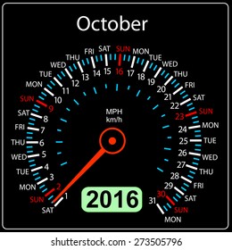 2016 year calendar speedometer car. October. Vector illustration.