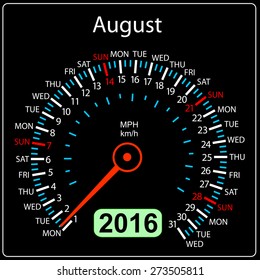 2016 year calendar speedometer car. August. Vector illustration.