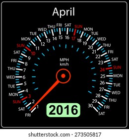 2016 year calendar speedometer car. April. Vector illustration.