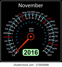 2016 year calendar speedometer car. November. Vector illustration.