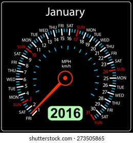 2016 year calendar speedometer car. January. Vector illustration.