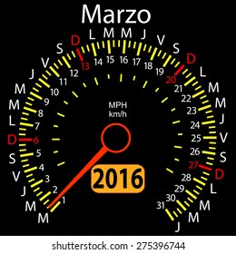 2016 year calendar speedometer car in Spanish, March. Vector illustration.