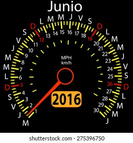 2016 year calendar speedometer car in Spanish, June. Vector illustration.
