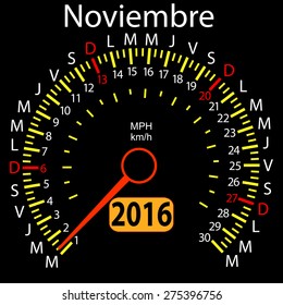 2016 year calendar speedometer car in Spanish, November. Vector illustration.