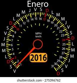 2016 year calendar speedometer car in Spanish, January. Vector illustration.