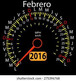 2016 year calendar speedometer car in Spanish, February. Vector illustration.