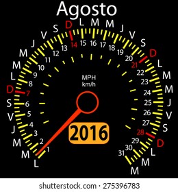 2016 year calendar speedometer car in Spanish, August. Vector illustration.