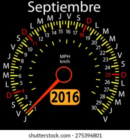 2016 year calendar speedometer car in Spanish, September. Vector illustration.